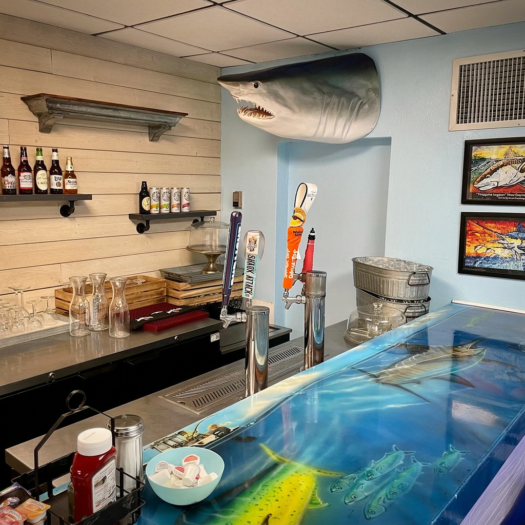 The Beacon's bar with its hand-painted fish bar top, beer taps and mounted shark