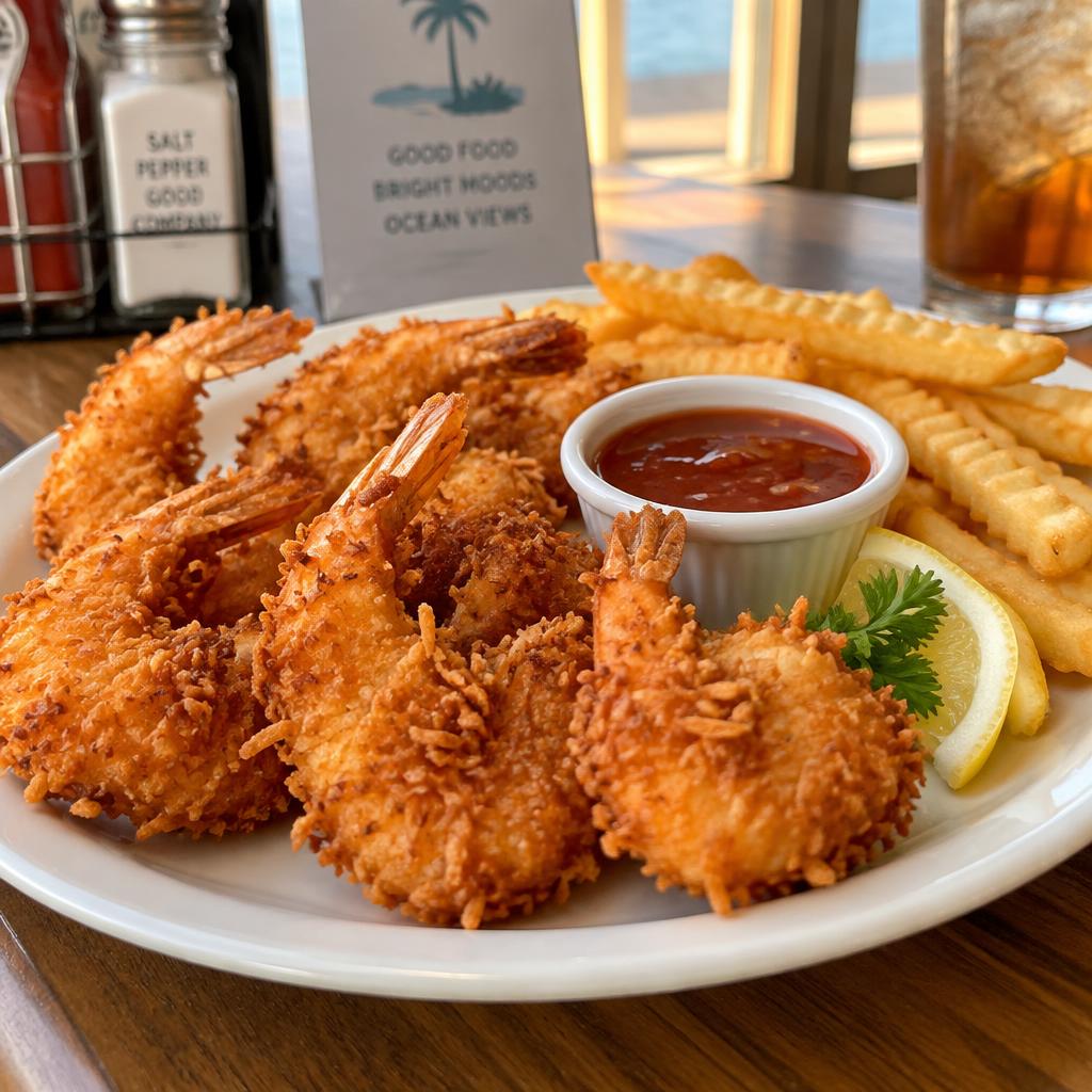Coconut shrimp with sweet plum sauce and crinkle cut fries