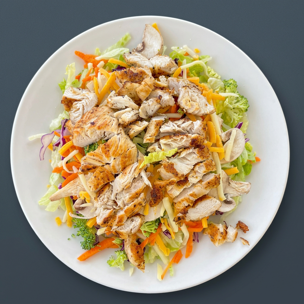 Jim Kelly salad topped with grilled chicken and shredded cheddar and monterey jack