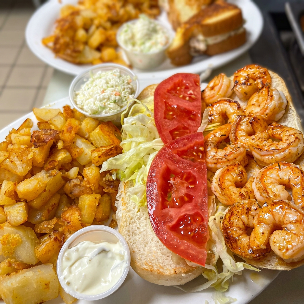 Grilled shrimp po' boy with home fries, slaw and tartar sauce